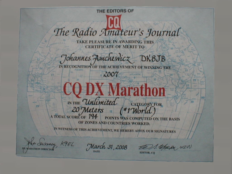 1. Platz Welt unlimited Category 20m CQ DX Marathon 2007
