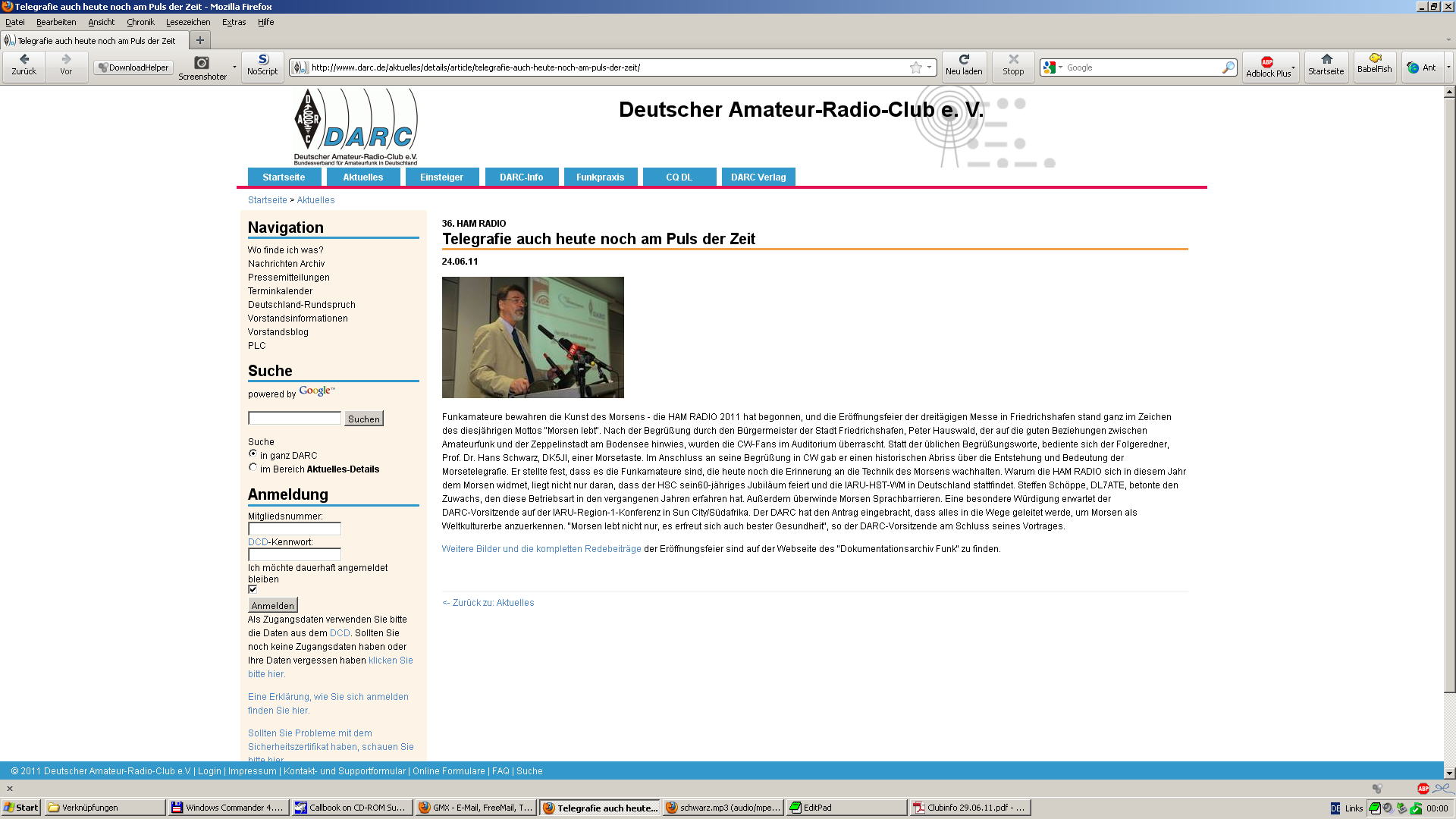 Bildschirmfoto DARC-Homepage 24.06.2011