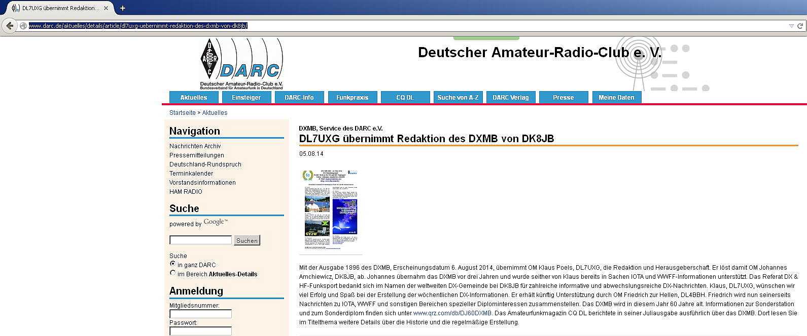 Meldung Redaktionswechsel beim DXMB im DARC-Portal