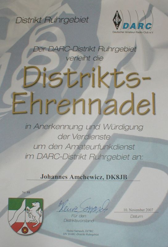 Urkunde Distrikts-Ehrennadel